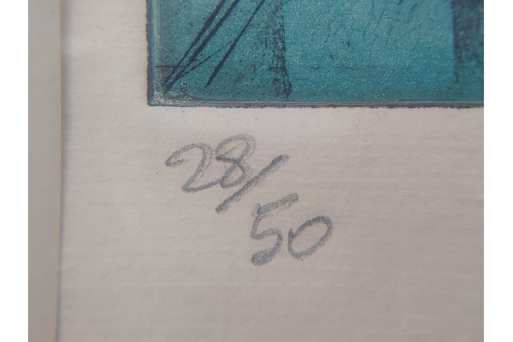 真作　サイン入り　1957年スタンリー・ウィリアム・ヘイター(Stanley William Hayter)作　「Combat Sous Marin」　銅板画　外箱付き　(R-084978)