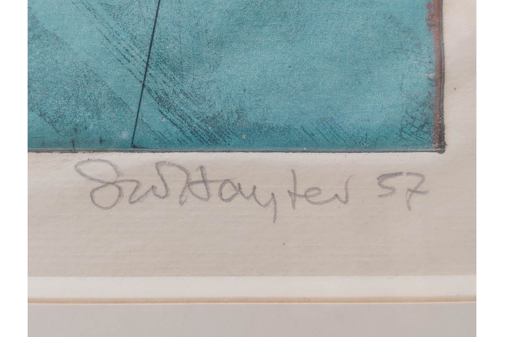 真作　サイン入り　1957年スタンリー・ウィリアム・ヘイター(Stanley William Hayter)作　「Combat Sous Marin」　銅板画　外箱付き　(R-084978)