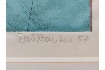 真作　サイン入り　1957年スタンリー・ウィリアム・ヘイター(Stanley William Hayter)作　「Combat Sous Marin」　銅板画　外箱付き　(R-084978)