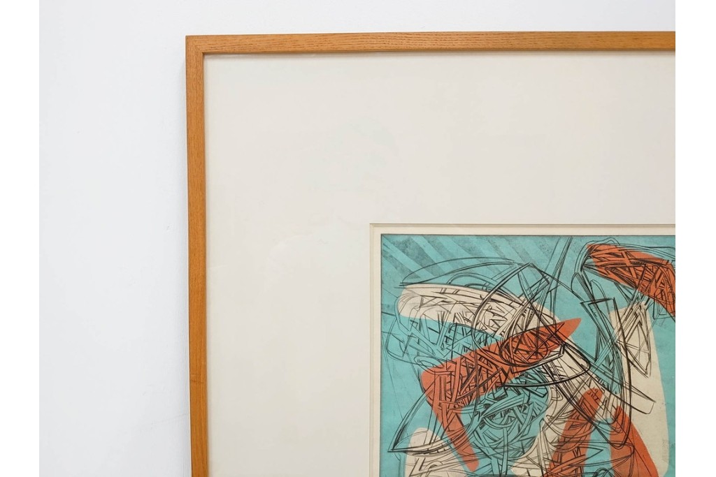 真作　サイン入り　1957年スタンリー・ウィリアム・ヘイター(Stanley William Hayter)作　「Combat Sous Marin」　銅板画　外箱付き　(R-084978)