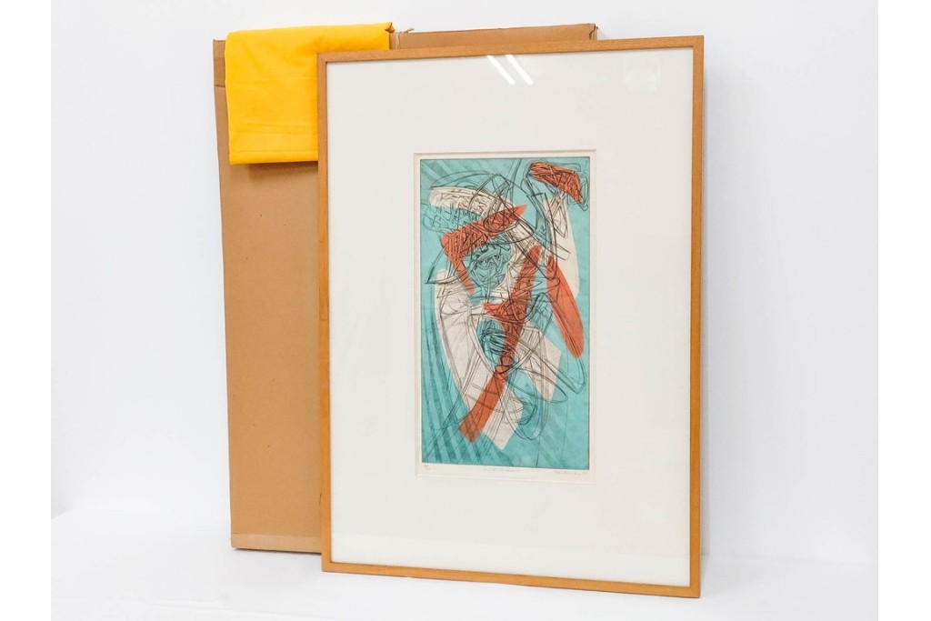 真作　サイン入り　1957年スタンリー・ウィリアム・ヘイター(Stanley William Hayter)作　「Combat Sous Marin」　銅板画　外箱付き　(R-084978)