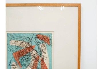 真作　サイン入り　1957年スタンリー・ウィリアム・ヘイター(Stanley William Hayter)作　「Combat Sous Marin」　銅板画　外箱付き　(R-084978)