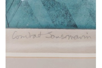 真作　サイン入り　1957年スタンリー・ウィリアム・ヘイター(Stanley William Hayter)作　「Combat Sous Marin」　銅板画　外箱付き　(R-084978)