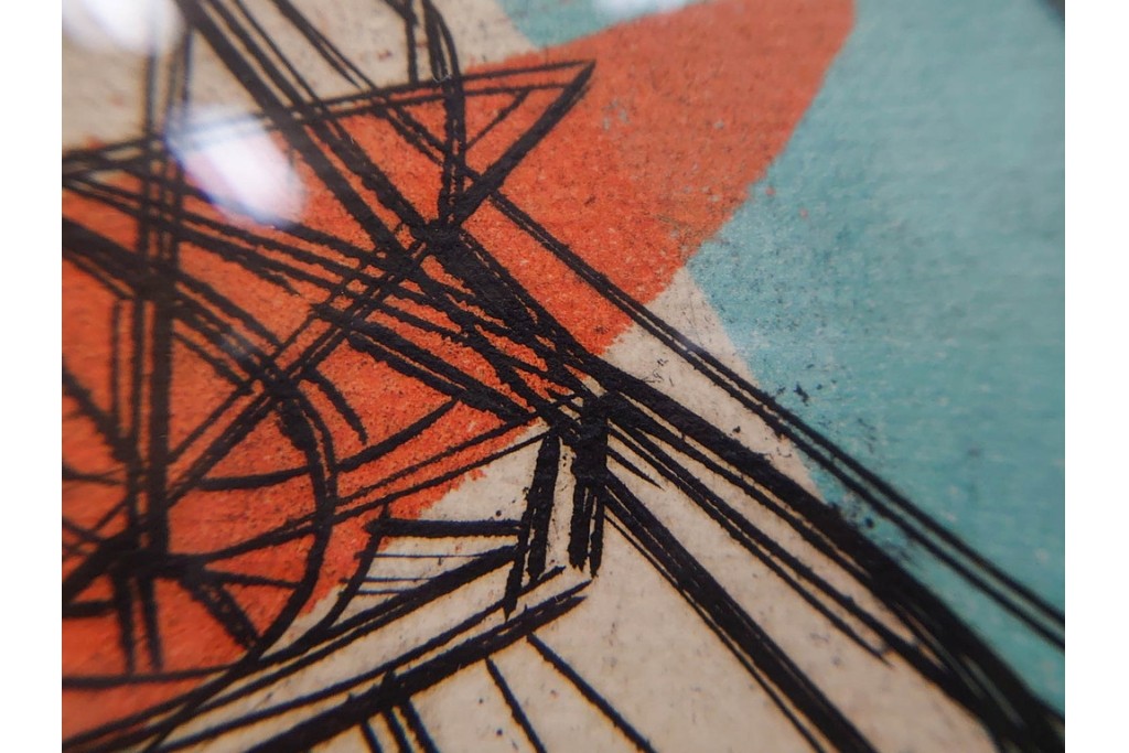 真作　サイン入り　1957年スタンリー・ウィリアム・ヘイター(Stanley William Hayter)作　「Combat Sous Marin」　銅板画　外箱付き　(R-084978)