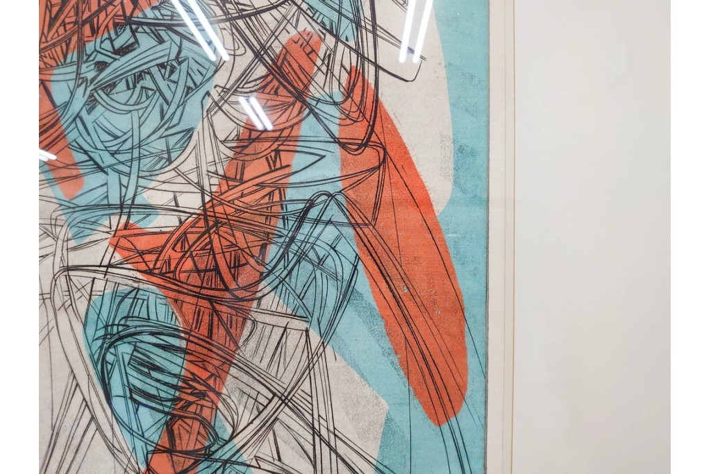 真作　サイン入り　1957年スタンリー・ウィリアム・ヘイター(Stanley William Hayter)作　「Combat Sous Marin」　銅板画　外箱付き　(R-084978)