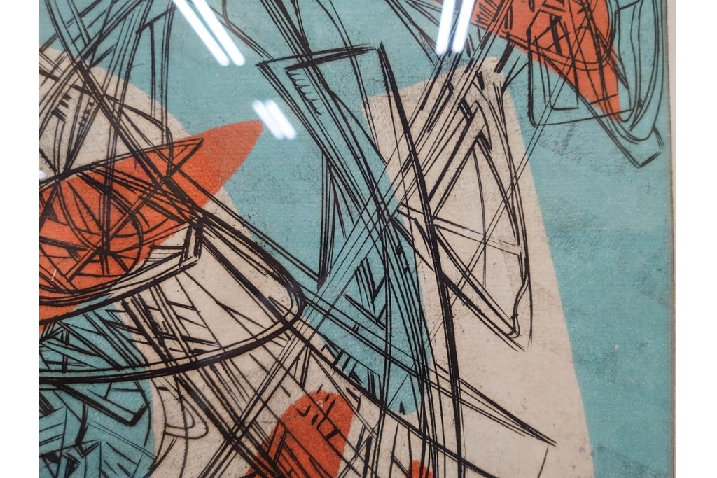 真作　サイン入り　1957年スタンリー・ウィリアム・ヘイター(Stanley William Hayter)作　「Combat Sous Marin」　銅板画　外箱付き　(R-084978)