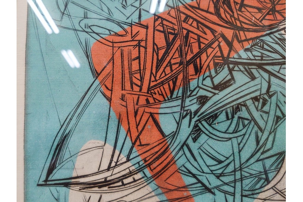 真作　サイン入り　1957年スタンリー・ウィリアム・ヘイター(Stanley William Hayter)作　「Combat Sous Marin」　銅板画　外箱付き　(R-084978)