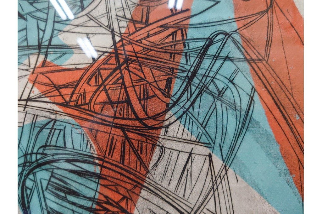 真作　サイン入り　1957年スタンリー・ウィリアム・ヘイター(Stanley William Hayter)作　「Combat Sous Marin」　銅板画　外箱付き　(R-084978)