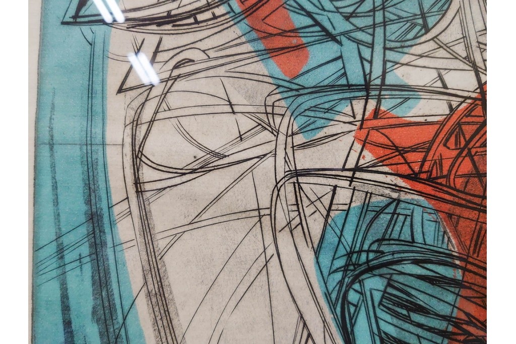 真作　サイン入り　1957年スタンリー・ウィリアム・ヘイター(Stanley William Hayter)作　「Combat Sous Marin」　銅板画　外箱付き　(R-084978)