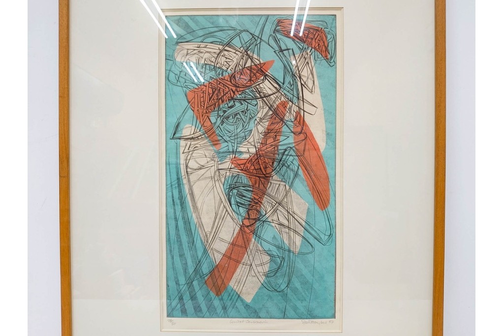 真作　サイン入り　1957年スタンリー・ウィリアム・ヘイター(Stanley William Hayter)作　「Combat Sous Marin」　銅板画　外箱付き　(R-084978)