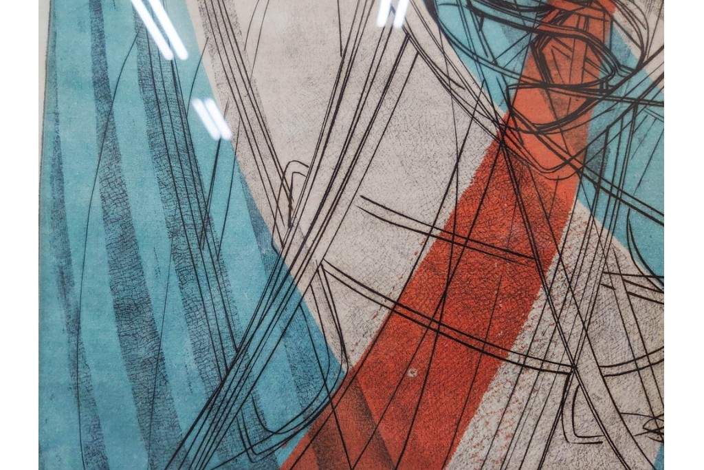 真作　サイン入り　1957年スタンリー・ウィリアム・ヘイター(Stanley William Hayter)作　「Combat Sous Marin」　銅板画　外箱付き　(R-084978)