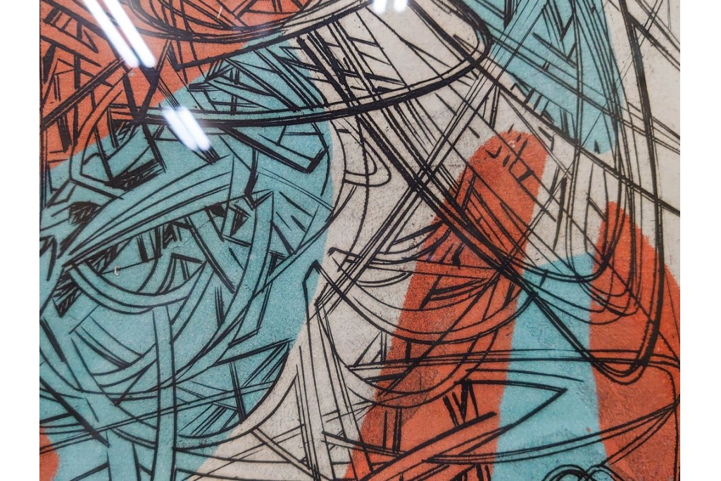 真作　サイン入り　1957年スタンリー・ウィリアム・ヘイター(Stanley William Hayter)作　「Combat Sous Marin」　銅板画　外箱付き　(R-084978)