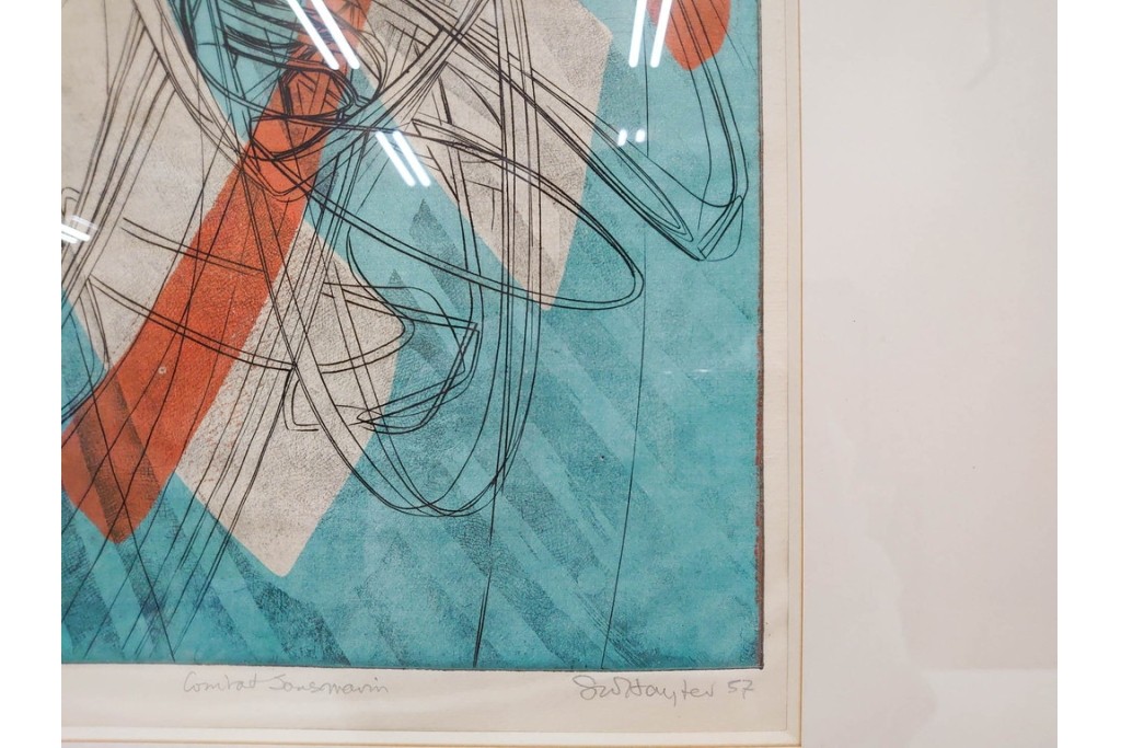 真作　サイン入り　1957年スタンリー・ウィリアム・ヘイター(Stanley William Hayter)作　「Combat Sous Marin」　銅板画　外箱付き　(R-084978)