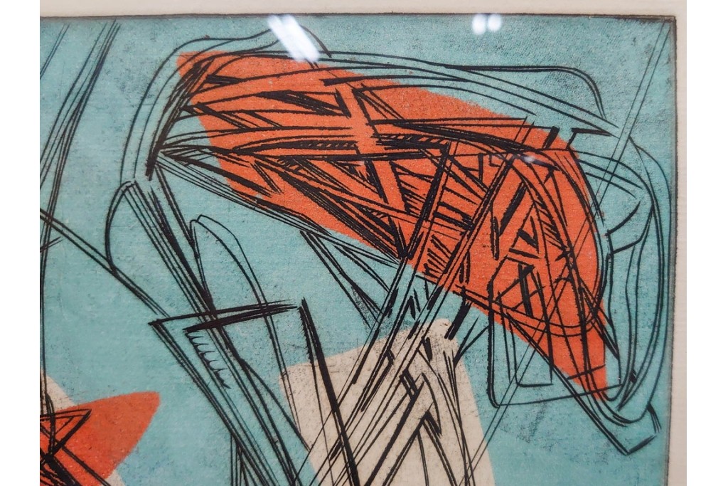 真作　サイン入り　1957年スタンリー・ウィリアム・ヘイター(Stanley William Hayter)作　「Combat Sous Marin」　銅板画　外箱付き　(R-084978)