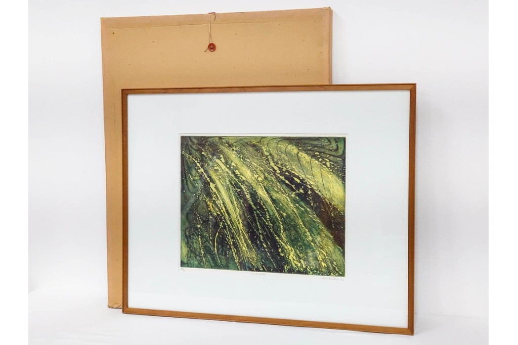 真作　サイン入り　1964年作　スタンリー・ウィリアム・ヘイター(Stanley William Hayter)　12/50　「Confluence(コンフルエンス)」　流れ込む線と色彩が静かな余韻を感じさせる銅版画　外箱付き　(R-084979)