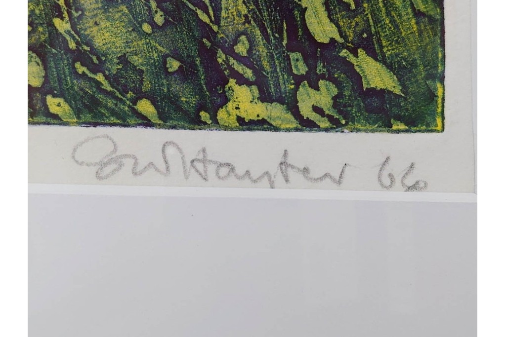 真作　サイン入り　1964年作　スタンリー・ウィリアム・ヘイター(Stanley William Hayter)　12/50　「Confluence(コンフルエンス)」　流れ込む線と色彩が静かな余韻を感じさせる銅版画　外箱付き　(R-084979)