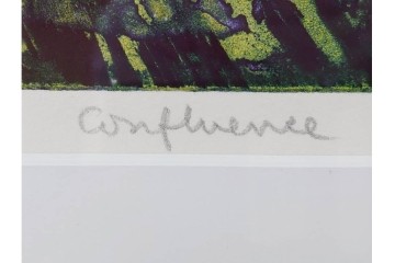 真作　サイン入り　1964年作　スタンリー・ウィリアム・ヘイター(Stanley William Hayter)　12/50　「Confluence(コンフルエンス)」　流れ込む線と色彩が静かな余韻を感じさせる銅版画　外箱付き　(R-084979)