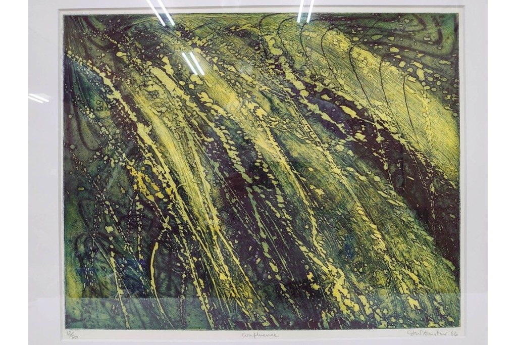 真作　サイン入り　1964年作　スタンリー・ウィリアム・ヘイター(Stanley William Hayter)　12/50　「Confluence(コンフルエンス)」　流れ込む線と色彩が静かな余韻を感じさせる銅版画　外箱付き　(R-084979)