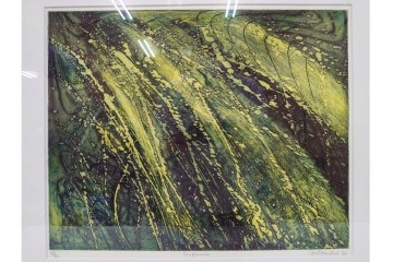 真作　サイン入り　1964年作　スタンリー・ウィリアム・ヘイター(Stanley William Hayter)　12/50　「Confluence(コンフルエンス)」　流れ込む線と色彩が静かな余韻を感じさせる銅版画　外箱付き　(R-084979)