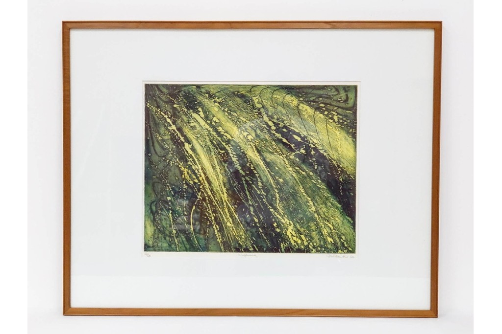 真作　サイン入り　1964年作　スタンリー・ウィリアム・ヘイター(Stanley William Hayter)　12/50　「Confluence(コンフルエンス)」　流れ込む線と色彩が静かな余韻を感じさせる銅版画　外箱付き　(R-084979)