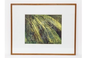 真作　サイン入り　1964年作　スタンリー・ウィリアム・ヘイター(Stanley William Hayter)　12/50　「Confluence(コンフルエンス)」　流れ込む線と色彩が静かな余韻を感じさせる銅版画　外箱付き　(R-084979)