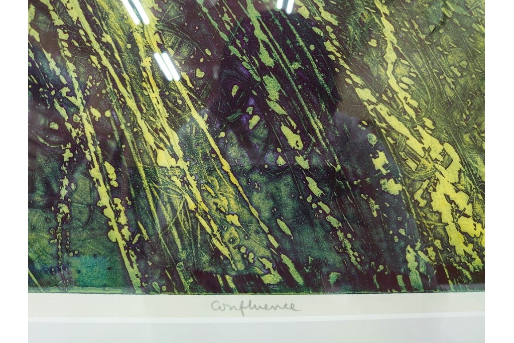 真作　サイン入り　1964年作　スタンリー・ウィリアム・ヘイター(Stanley William Hayter)　12/50　「Confluence(コンフルエンス)」　流れ込む線と色彩が静かな余韻を感じさせる銅版画　外箱付き　(R-084979)