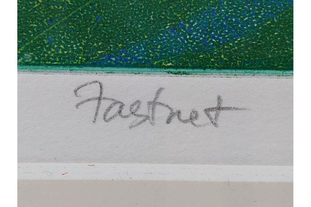 真作　サイン入り　1985年作　スタンリー・ウィリアム・ヘイター(Stanley William Hayter)　13/50 「Fastnet(ファストネット)」　鋭く走る線と色彩に惹きつけられる銅版画　外箱付き　(R-084981)