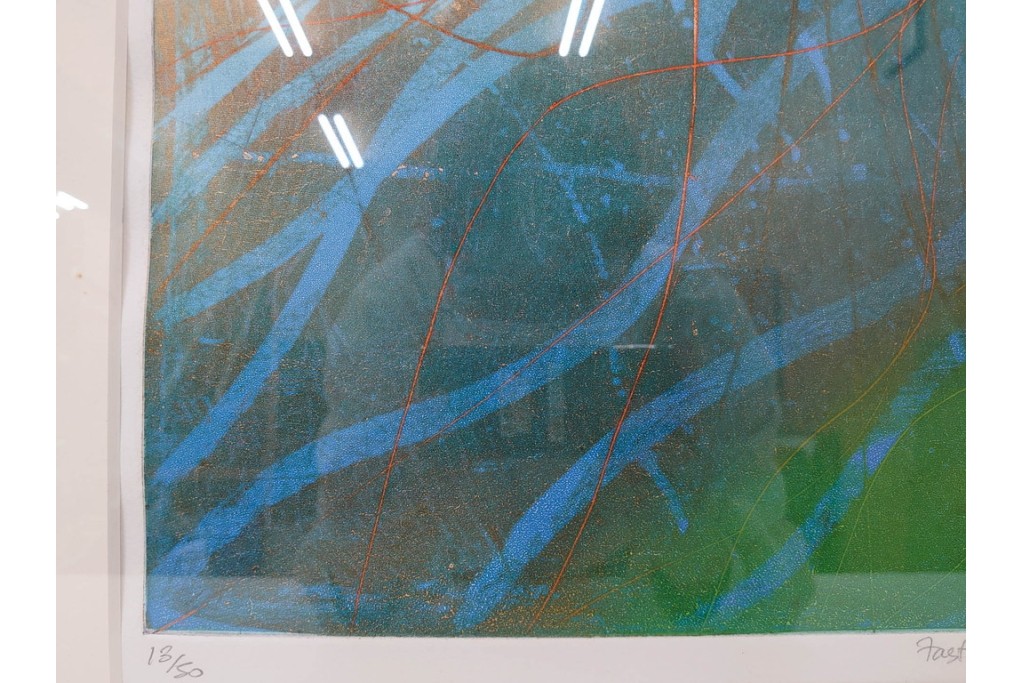 真作　サイン入り　1985年作　スタンリー・ウィリアム・ヘイター(Stanley William Hayter)　13/50 「Fastnet(ファストネット)」　鋭く走る線と色彩に惹きつけられる銅版画　外箱付き　(R-084981)