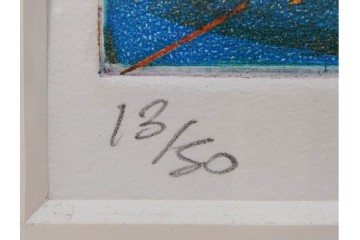 真作　サイン入り　1985年作　スタンリー・ウィリアム・ヘイター(Stanley William Hayter)　13/50 「Fastnet(ファストネット)」　鋭く走る線と色彩に惹きつけられる銅版画　外箱付き　(R-084981)