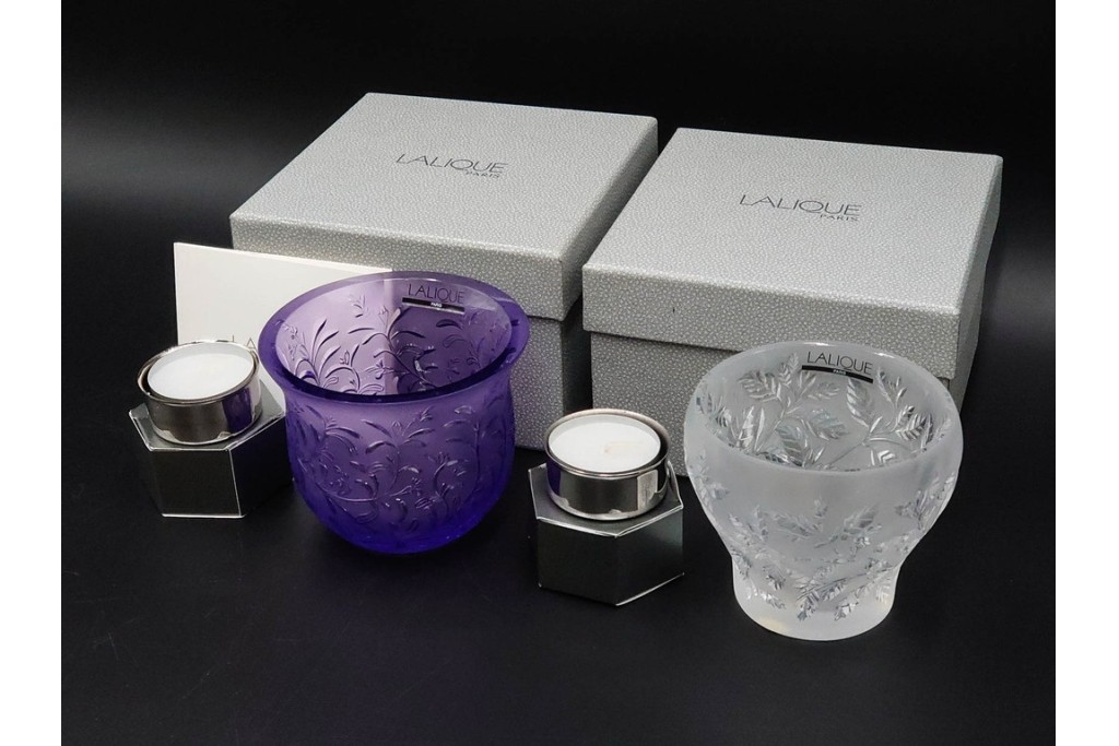 フランス　 LALIQUE(ラリック)　ローズマリー・バジル　繊細な植物の陰影が美しいキャンドルフォルダー2点セット　外箱付き　(R-084982)