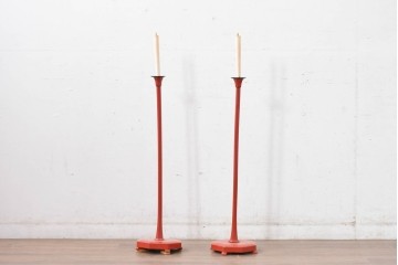 和製アンティーク　明治期　空間のアクセントになる朱塗りの燭台2台セット　(R-085005)