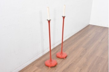 和製アンティーク　明治期　空間のアクセントになる朱塗りの燭台2台セット　(R-085005)