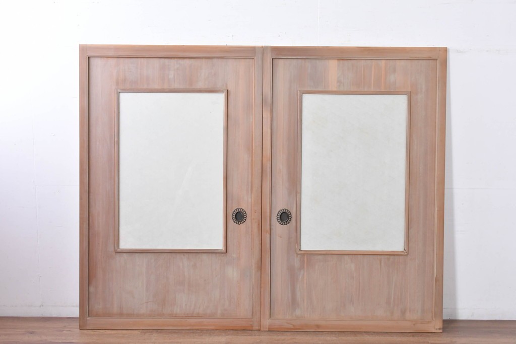 ヴィンテージ建具　昭和中期　高級品　斜め格子の組子が上品な裏障子付き引き戸2枚セット　(R-085035)