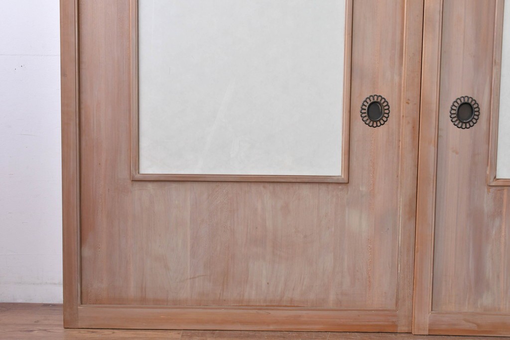 ヴィンテージ建具　昭和中期　高級品　斜め格子の組子が上品な裏障子付き引き戸2枚セット　(R-085035)