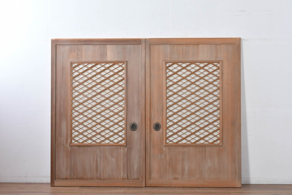 ヴィンテージ建具　昭和中期　高級品　斜め格子の組子が上品な裏障子付き引き戸2枚セット　(R-085035)