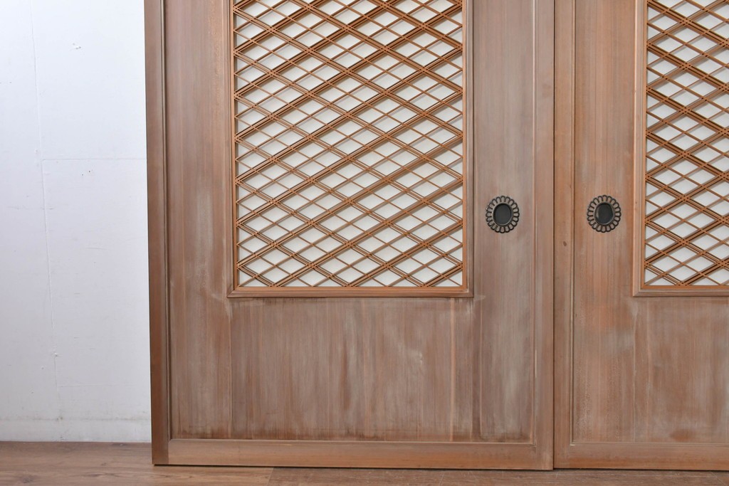 ヴィンテージ建具　昭和中期　高級品　斜め格子の組子が上品な裏障子付き引き戸2枚セット　(R-085035)