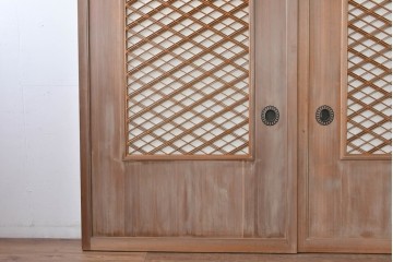 ヴィンテージ建具　昭和中期　高級品　斜め格子の組子が上品な裏障子付き引き戸2枚セット　(R-085035)