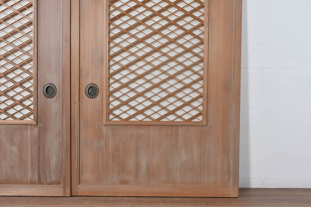 ヴィンテージ建具　昭和中期　高級品　斜め格子の組子が上品な裏障子付き引き戸2枚セット　(R-085035)