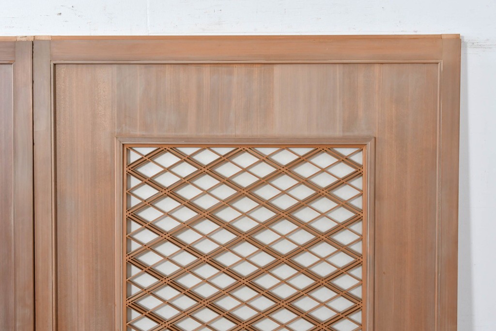 ヴィンテージ建具　昭和中期　高級品　斜め格子の組子が上品な裏障子付き引き戸2枚セット　(R-085035)