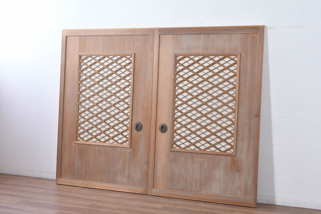 ヴィンテージ建具　昭和中期　高級品　斜め格子の組子が上品な裏障子付き引き戸2枚セット　(R-085036)