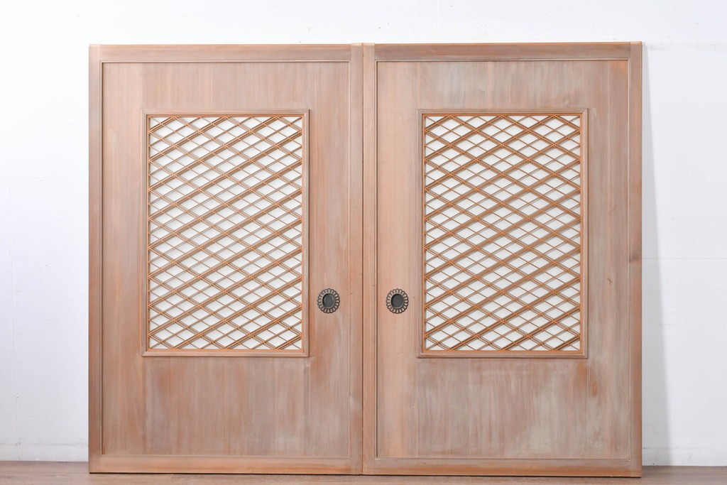 ヴィンテージ建具　昭和中期　高級品　斜め格子の組子が上品な裏障子付き引き戸2枚セット　(R-085036)