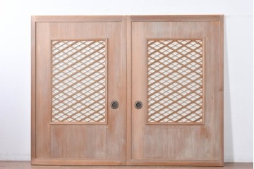 ヴィンテージ建具　昭和中期　高級品　斜め格子の組子が上品な裏障子付き引き戸2枚セット　(R-085036)