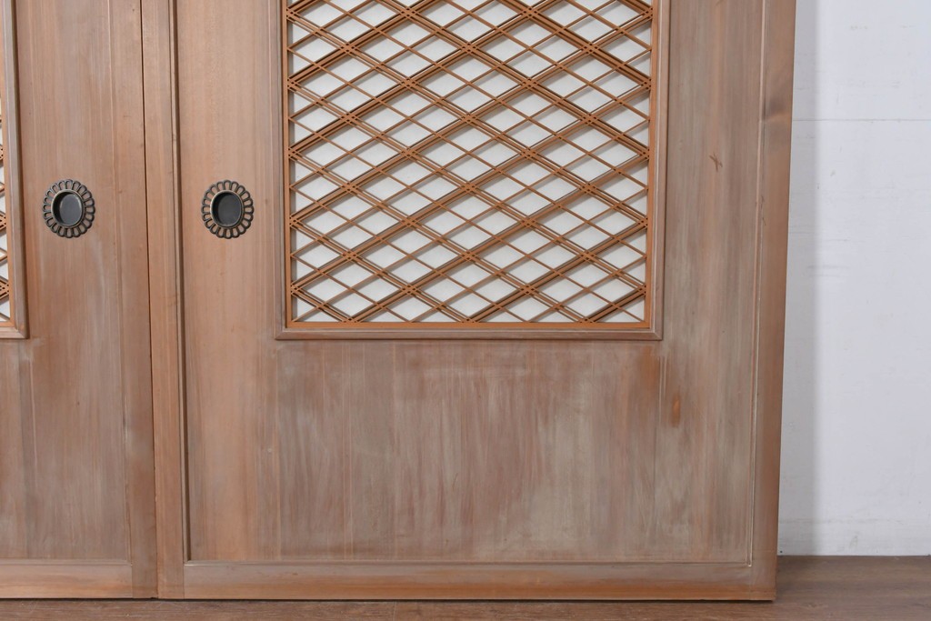 ヴィンテージ建具　昭和中期　高級品　斜め格子の組子が上品な裏障子付き引き戸2枚セット　(R-085036)