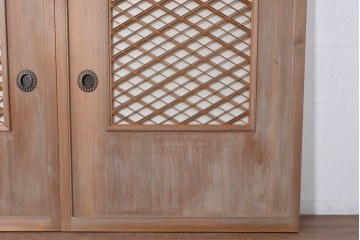 ヴィンテージ建具　昭和中期　高級品　斜め格子の組子が上品な裏障子付き引き戸2枚セット　(R-085036)