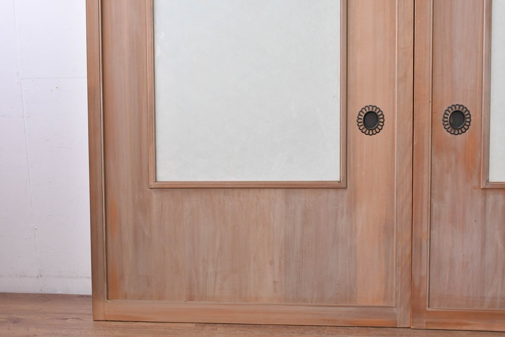 ヴィンテージ建具　昭和中期　高級品　斜め格子の組子が上品な裏障子付き引き戸2枚セット　(R-085036)