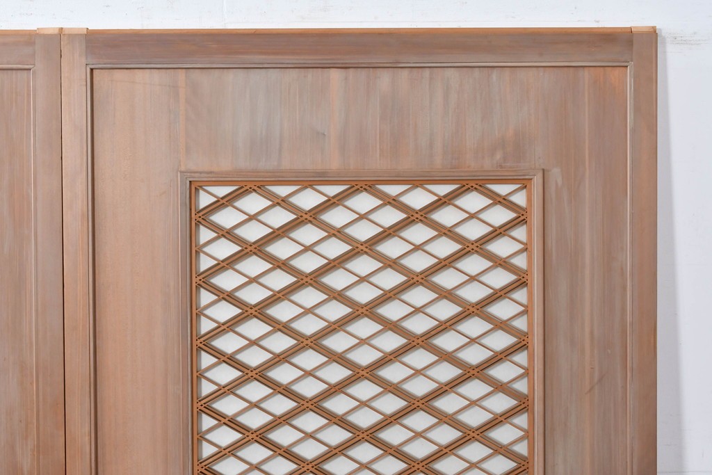 ヴィンテージ建具　昭和中期　高級品　斜め格子の組子が上品な裏障子付き引き戸2枚セット　(R-085036)