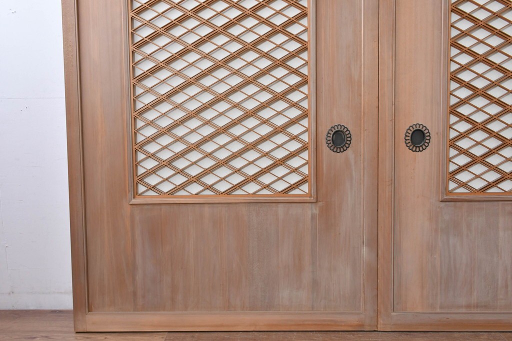 ヴィンテージ建具　昭和中期　高級品　斜め格子の組子が上品な裏障子付き引き戸2枚セット　(R-085036)