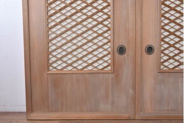 ヴィンテージ建具　昭和中期　高級品　斜め格子の組子が上品な裏障子付き引き戸2枚セット　(R-085036)
