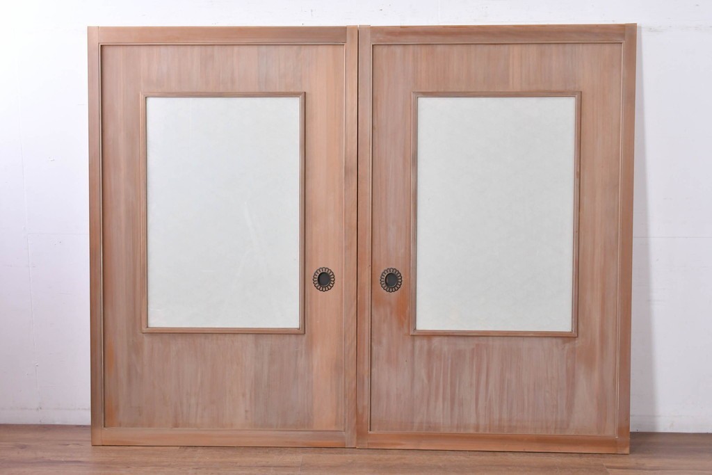 ヴィンテージ建具　昭和中期　高級品　斜め格子の組子が上品な裏障子付き引き戸2枚セット　(R-085036)