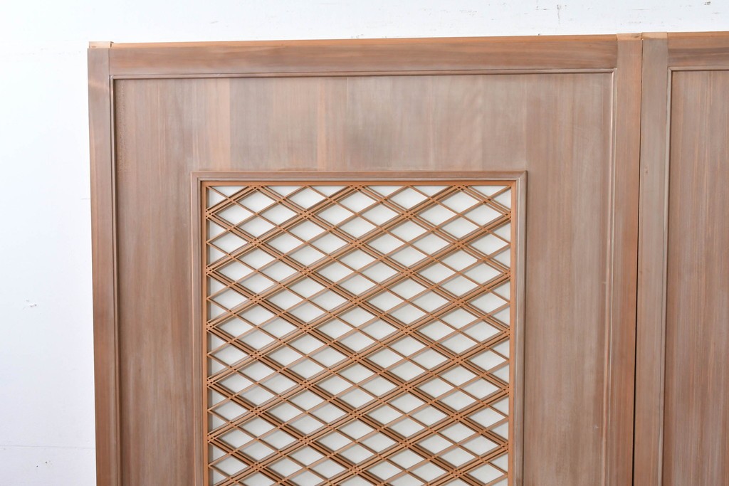ヴィンテージ建具　昭和中期　高級品　斜め格子の組子が上品な裏障子付き引き戸2枚セット　(R-085037)